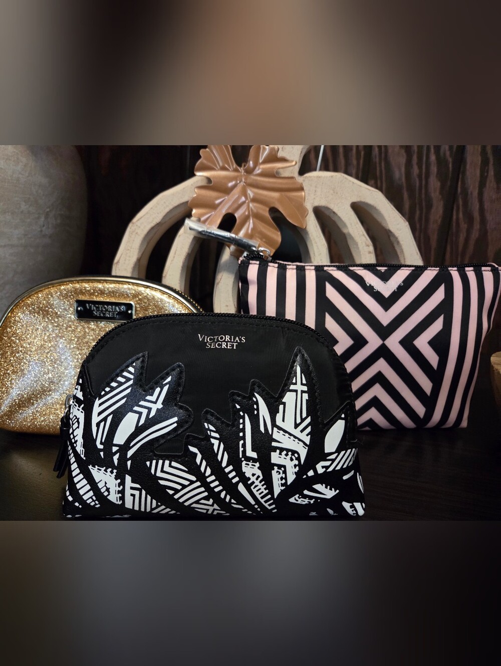 Victoria's Secret Black & White Graphic Leaf Cosmetic Pouch